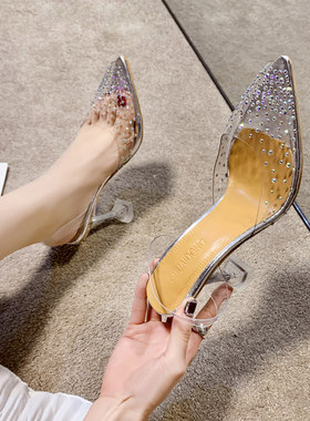 网红透明春季新款水晶尖头凉鞋