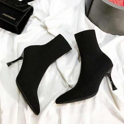高跟鞋尖头短靴女春秋单靴细跟黑色弹力袜靴网红中筒百搭显瘦瘦靴