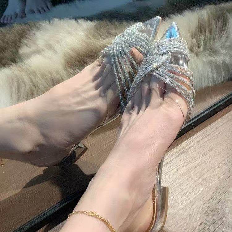 2025年百搭高跟鞋拖鞋水晶婚鞋大码透明凉鞋细跟银色包头交叉水钻,女鞋,时装凉鞋,淘宝优惠券,粉丝福利购,淘宝优惠卷