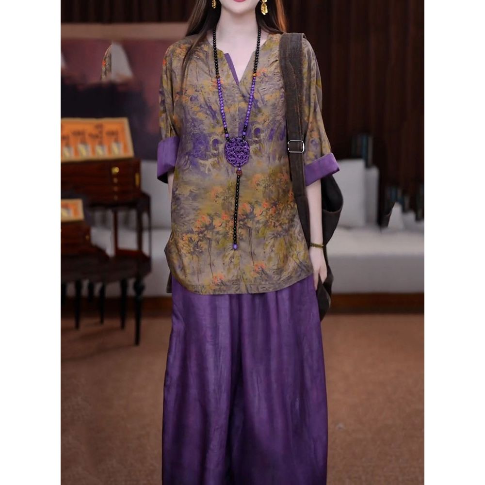 端庄优雅文艺风长裤套装女夏季新款高级感休闲百搭衬衫阔腿裤8255