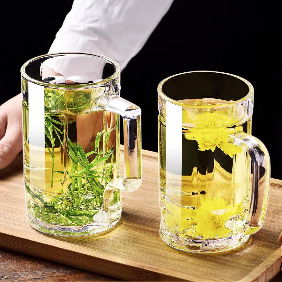 日本进口4只装大容量加厚啤酒杯带把手家用玻璃杯透明无铅水杯