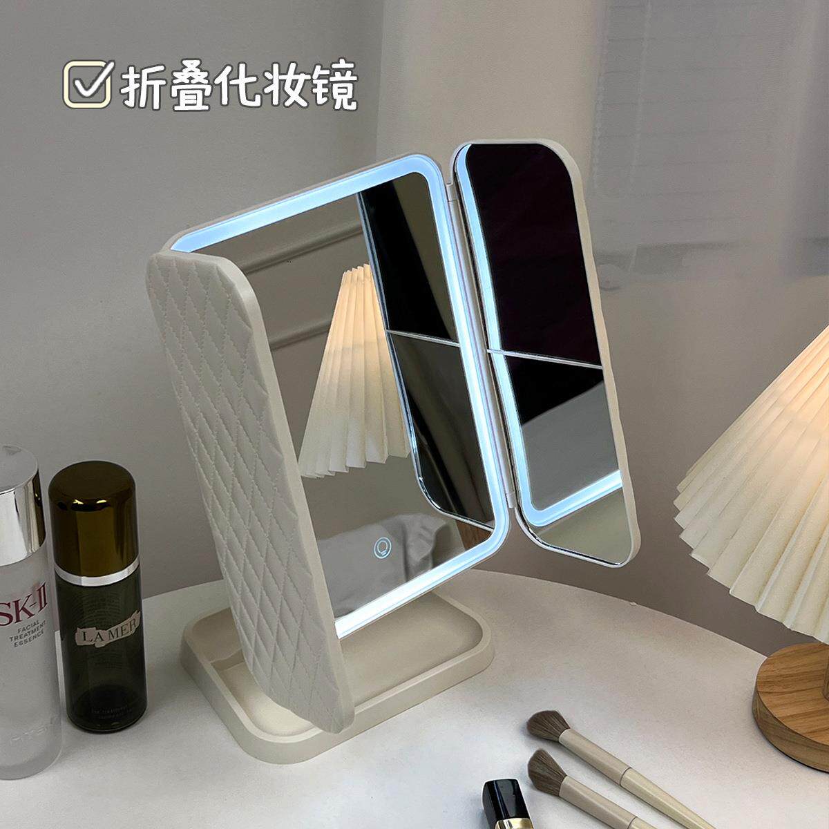 日本进口可调节台式led化妆镜带灯收纳盒二合一体式折叠贝壳镜子