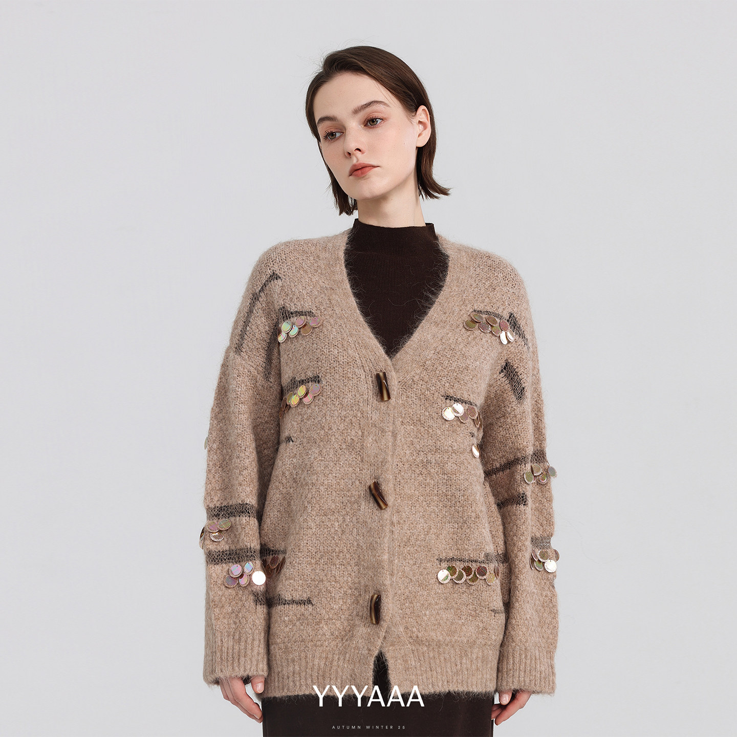 YYYAAAv领手工亮片羊驼毛针织开衫秋冬季新品毛衣外套