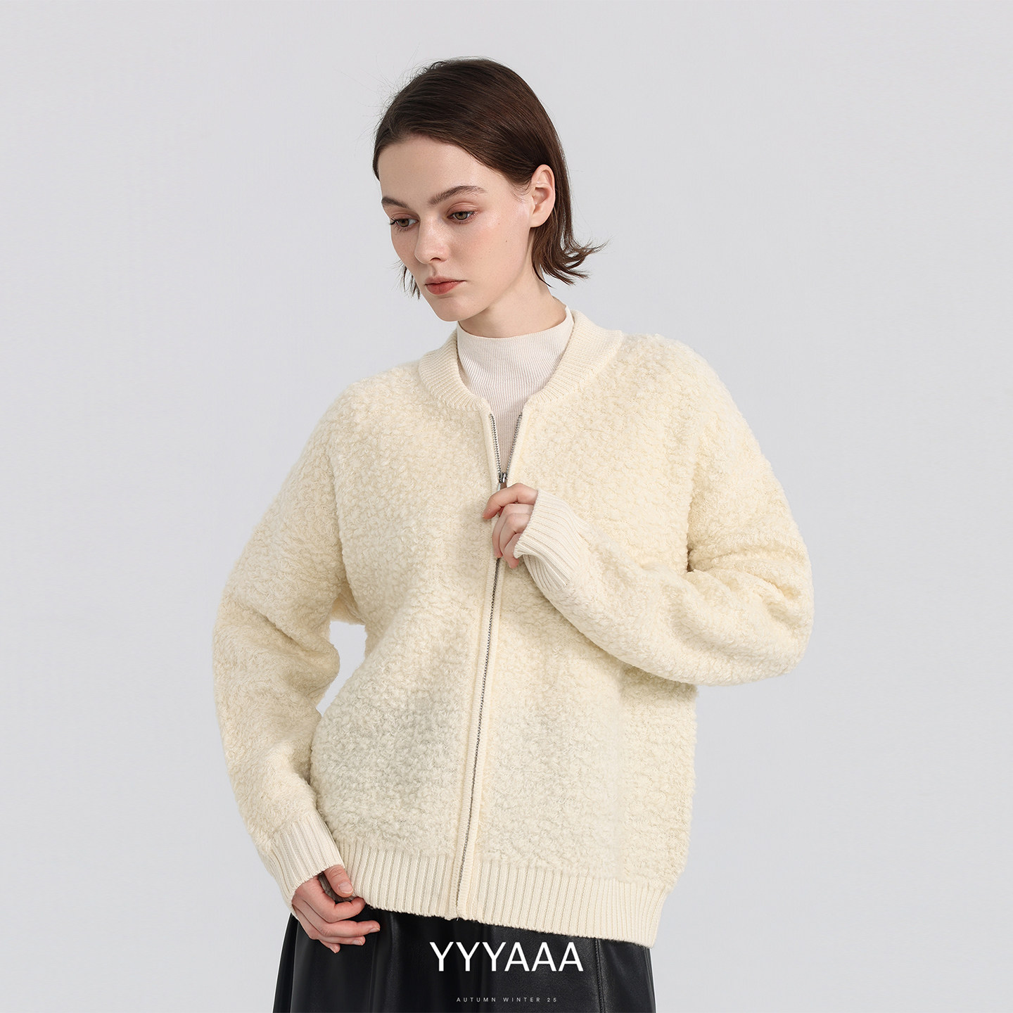 YYYAAA圈圈纱全羊毛圆领针织拉链开衫外套