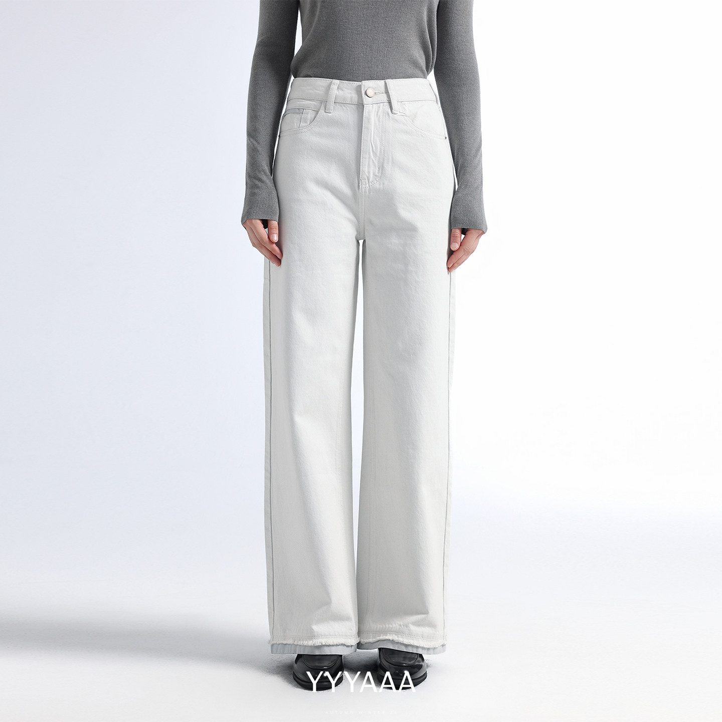 YYYAAA秋冬2025年新品宽松全棉毛边设计感直筒纯色高腰牛仔裤女