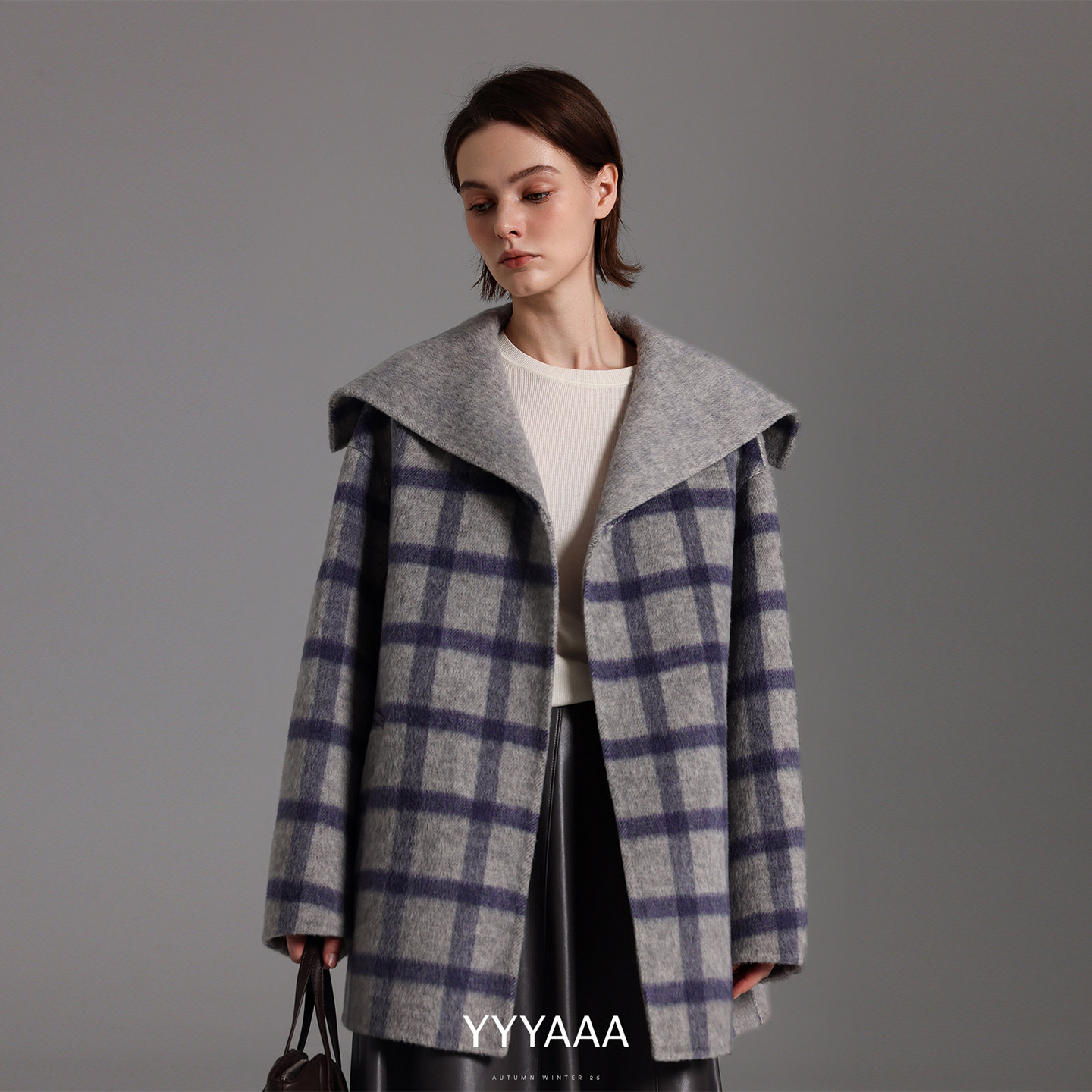 YYYAAA翻领格子绵羊毛兔毛桑蚕丝双面呢宽松大衣外套