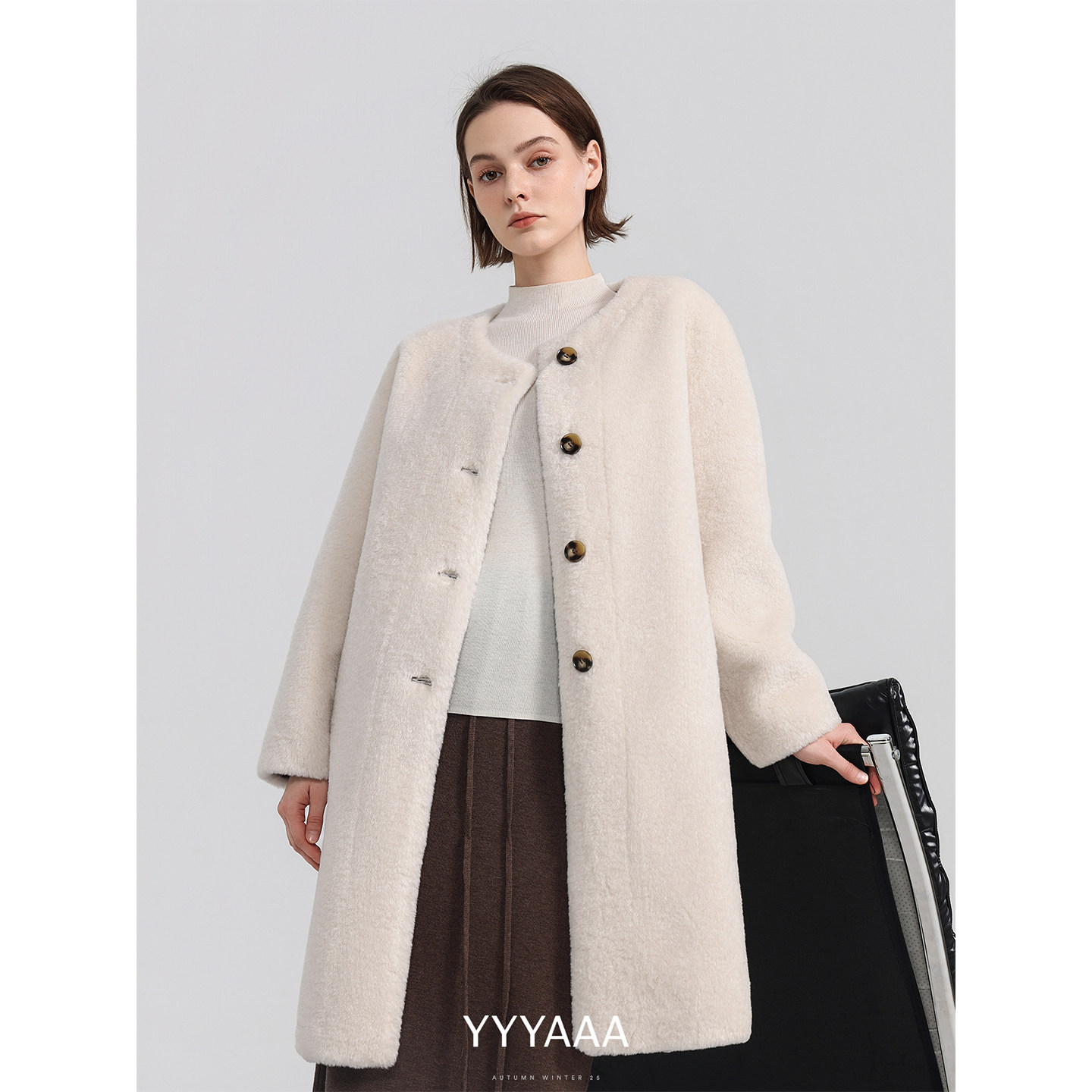 YYYAAA圆领羊驼绒环保皮草pu皮防风保暖秋冬毛毛外套