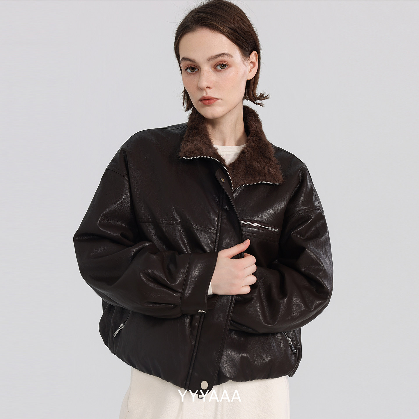 YYYAAA复古时髦夹克小湖羊环保皮草pu皮衣短款外套