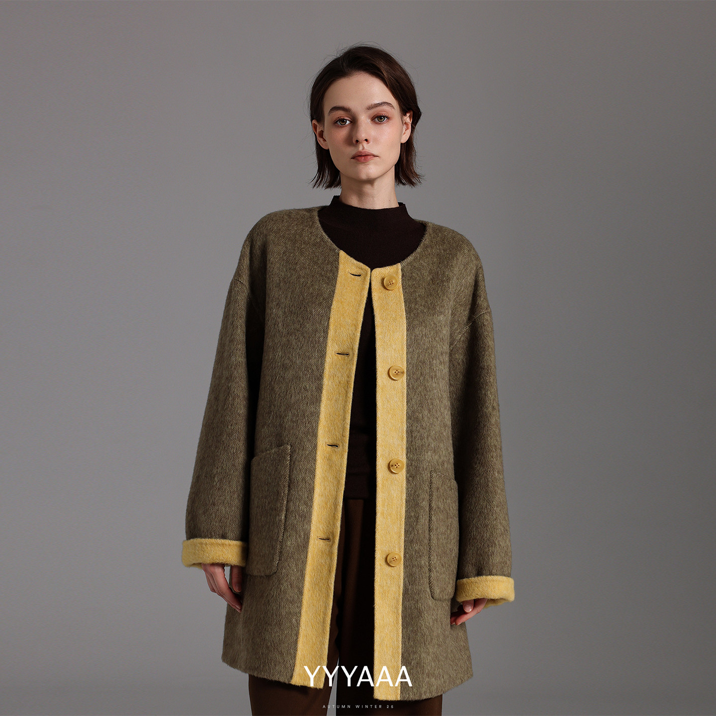 YYYAAA圆领撞色绵羊毛兔毛桑蚕丝双面呢宽松大衣外套