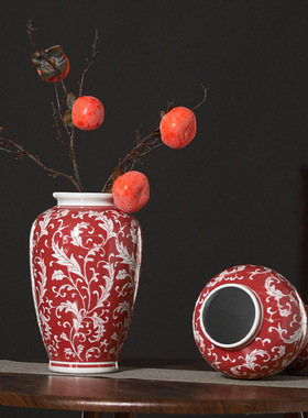 新年乔迁黄铜挂件大红色纯铜花瓶感手绘插花家居装饰摆件青花瓷