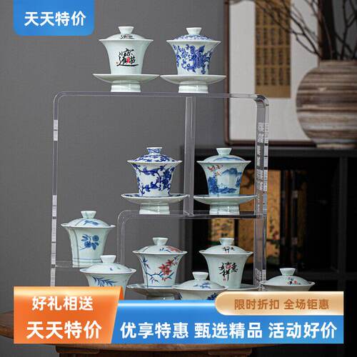 青花束身撇口三才盖碗功夫茶具釉中彩复古茶碗180ml不烫手泡茶杯