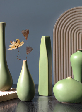 景德镇复古花瓶绿色干花花器家居装饰新中式禅意陶瓷摆件