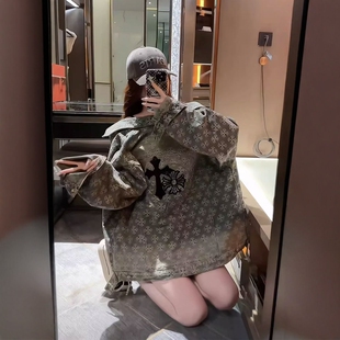 25ss秋季 宽松上衣 CH克罗重工钢印提花十字架梵星烫钻牛仔外套长袖