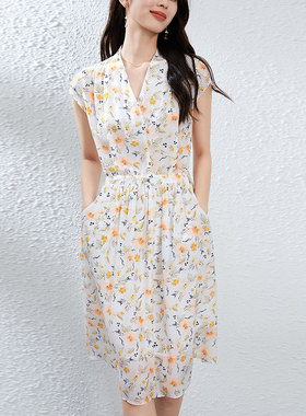 真丝连衣裙小个子法式V领高腰短袖收腰系带夏季新款桑蚕丝连衣裙