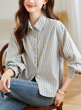 格子翻领条纹衬衫女2026春秋装新款上衣高级感珍珠扣衬衣通勤修身