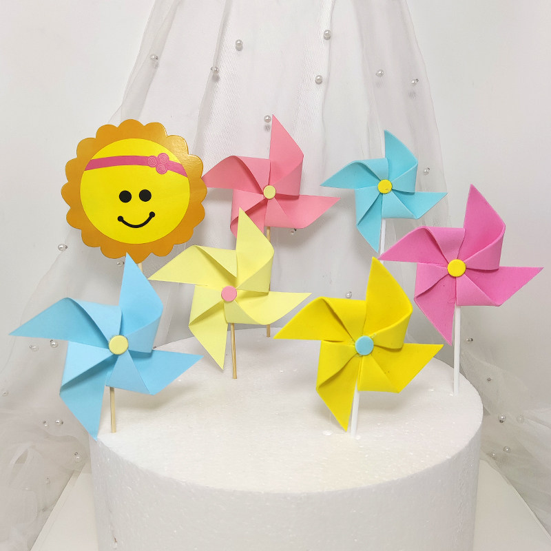 海绵风车蛋糕装饰插件 粉色黄色蓝色 旋转 生日插卡插牌向日葵