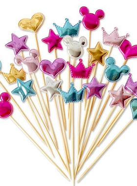 100只闪光反光PU五角星蛋糕装饰插牌 插卡 甜品插件 爱心星星桃心