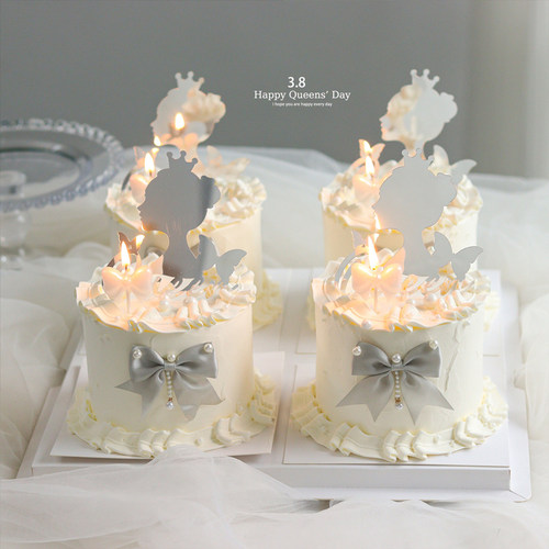 38女神节蛋糕装饰插件 银色亚克力皇冠背影女王头Queen女人蝴蝶结