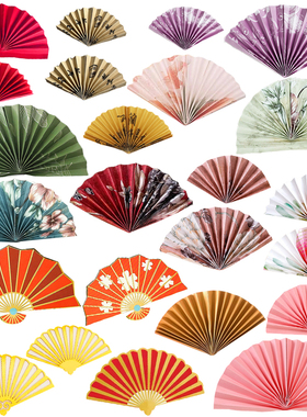 中式复古国风粉色扇子纸扇紫色绿色金色红扇蛋糕装饰摆件书法折扇