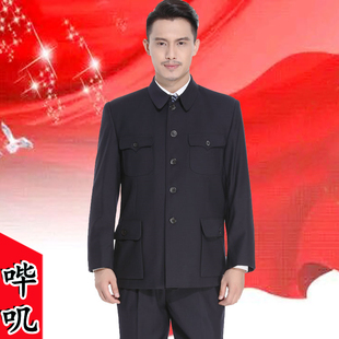 爸爸冬季外套男士加厚哔叽中山装中老年料加绒加棉中山装加肥大