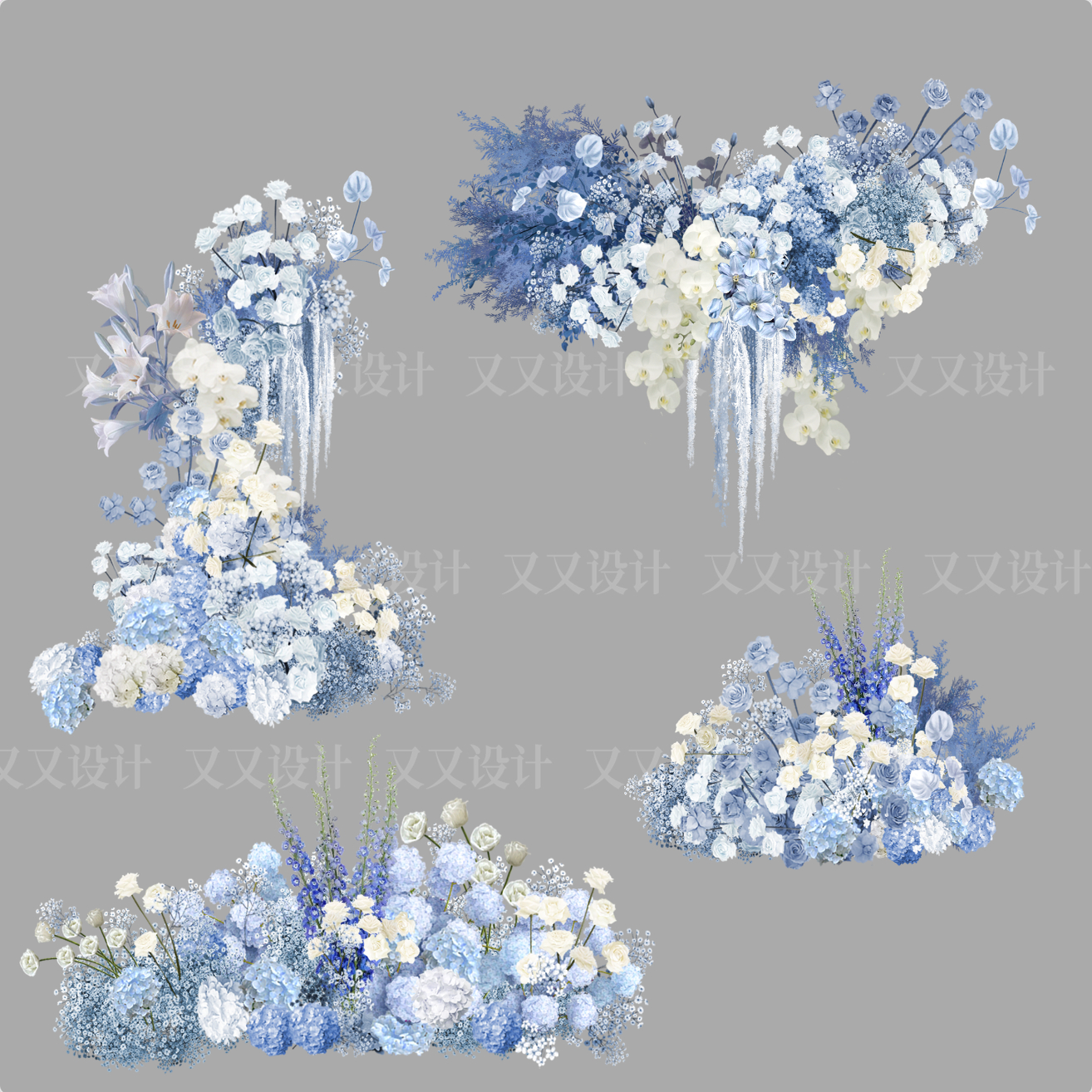 D1089蓝白花艺素材蓝白色花艺效果图分层蓝色婚礼素材psd源文件