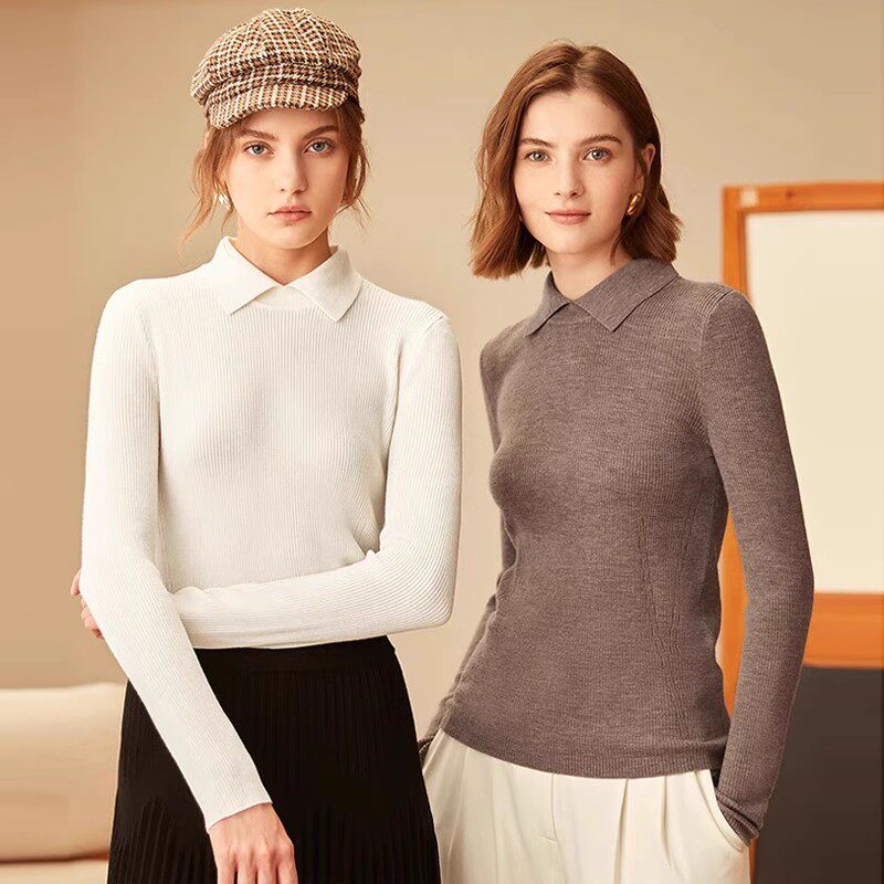 品哥弟新2024秋冬季新款翻领竖坑条修身羊毛针织衫毛衣女A301124