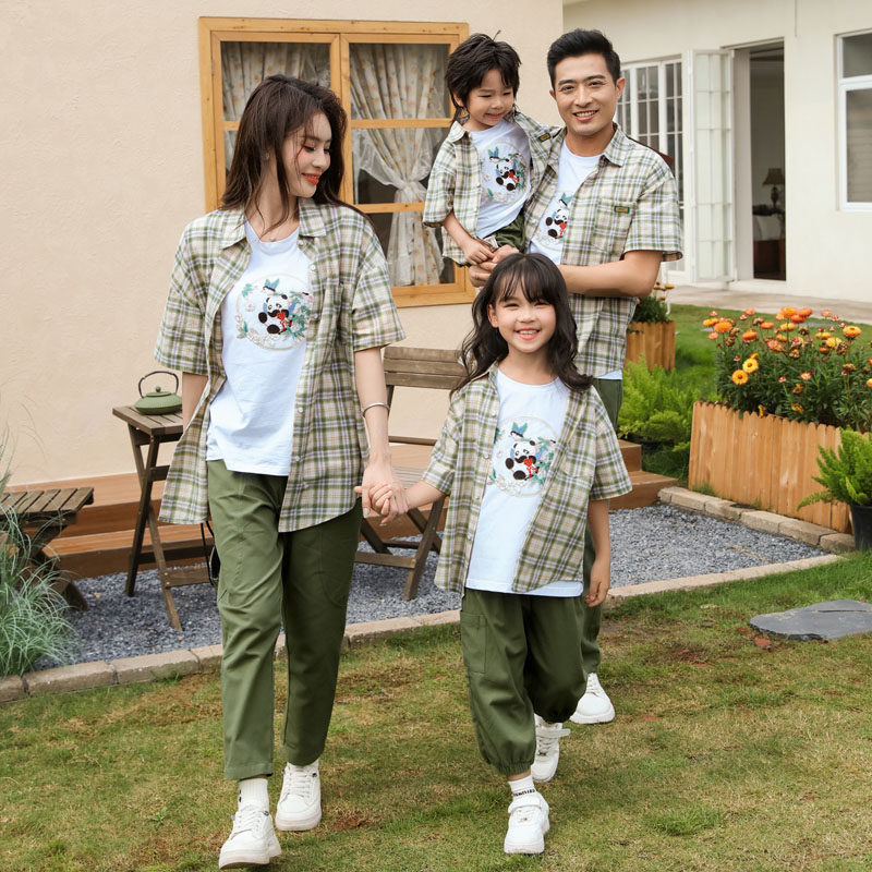 亲子装夏季格子衬衫2026新款一家三口四口大码纯棉母子母女防晒衫