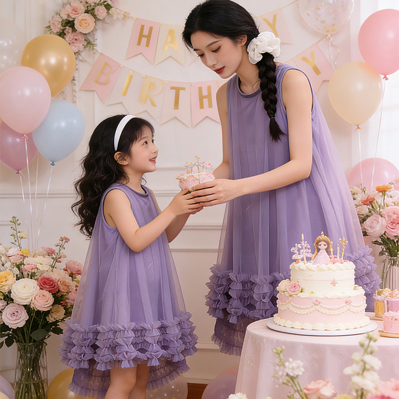 亲子装连衣裙2026新款夏季高端时尚浪漫紫色母女纱裙生日公主风