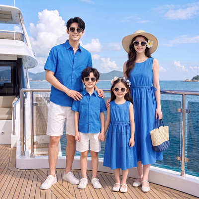 夏季度假母女克莱因蓝连衣裙