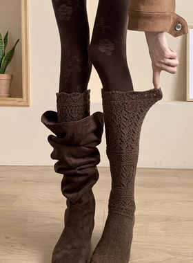 复古巴恩风！秋冬画报Buff御姐斜纹花朵咖连裤叠穿靴子镂空及膝