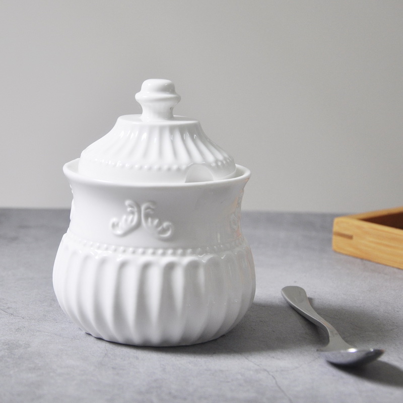 纯白宫廷浮雕糖缸350毫升盐罐欧式复古糖罐大容量调料罐洛可可罐