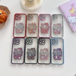 适用苹果16 15Pro max电镀透明保护套iPhone14Pro全包13防摔12钻石KT猫11带镜头XR高级感7 8新款XS手机壳工厂