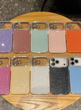 适用苹果17promax闪粉钻边镜头三合一手机壳iPhone16pro全包高级感15防摔14 13 12 11橙色Air 女款保护套批发