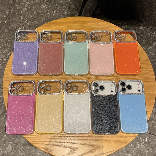 适用苹果17promax闪粉钻边镜头三合一手机壳iPhone16pro全包高级感15防摔14 13 12 11橙色Air 女款保护套批发