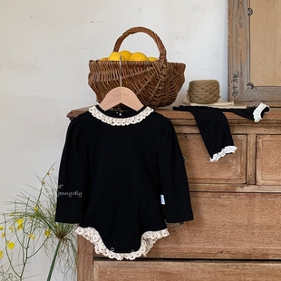 婴儿包屁衣a类纯棉花边连体衣秋季衣服女宝宝赫本风三角爬服袜子