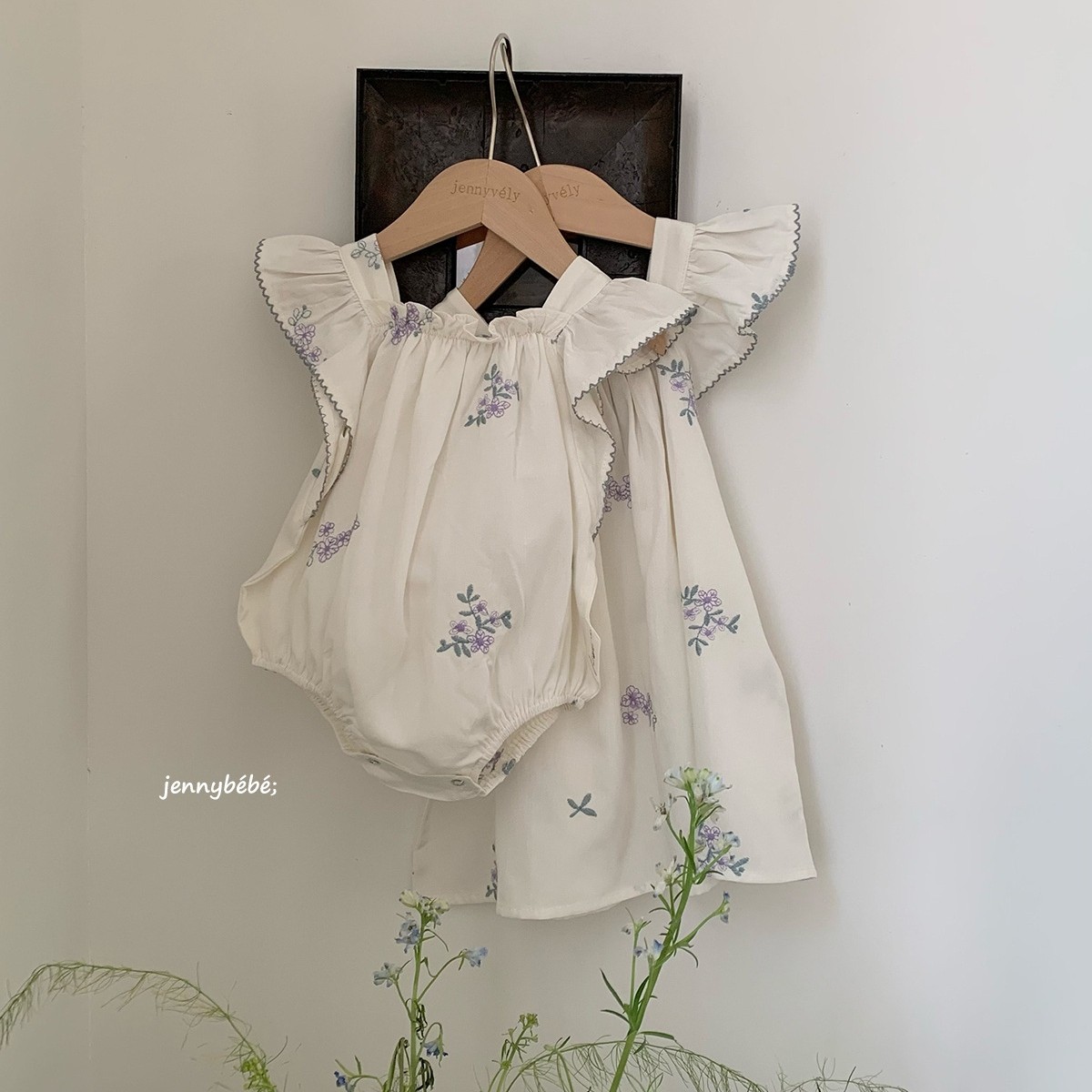 jennybebe婴幼儿夏韩版刺绣花包屁衣女宝宝洋气小飞袖爬服姐妹裙