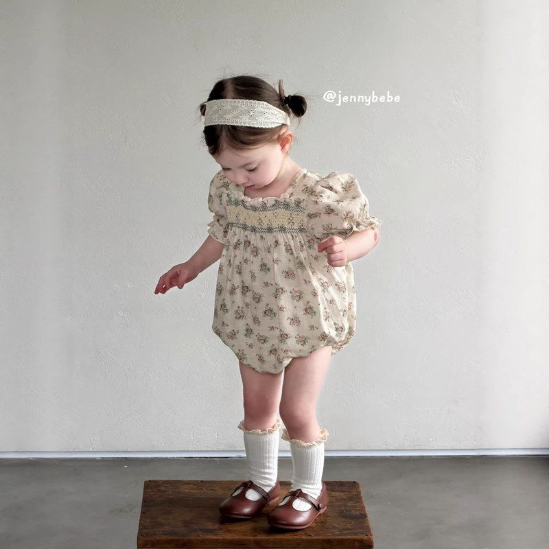 珍妮童装女宝宝夏季衣服复古碎花短袖爬服韩版洋气打揽连体哈衣