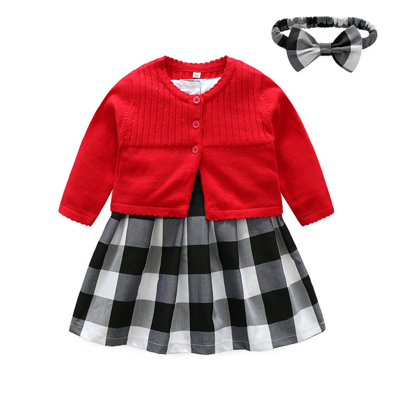 女童春秋纯棉红色开衫礼服背心裙