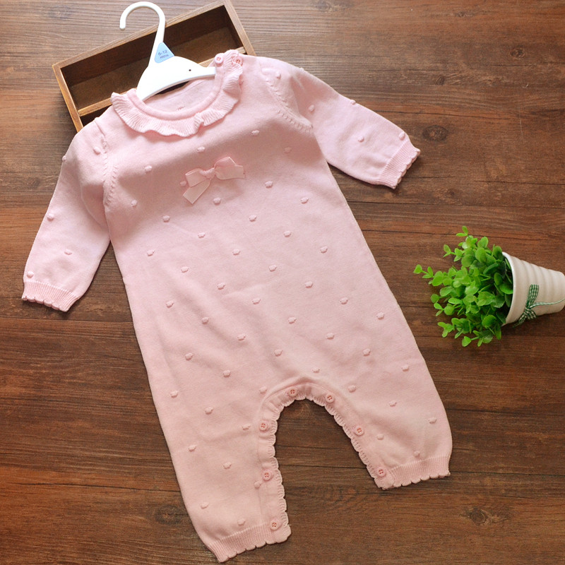 春秋婴儿粉色连体衣宝宝满月百天全棉针织长袖哈衣周岁服连体爬服