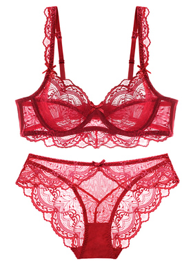 性感诱惑蕾丝红色透明超薄女内衣文胸套装大码大胸C杯D杯E罩杯