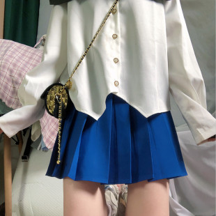 大码 半身裙宝蓝色a字百褶裙学院风早秋 短裙胖mm显瘦褶皱高腰西装