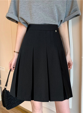 黑色百褶裙中裙女早秋学院半身裙加长微胖mm甜美百搭遮肚显瘦灰色