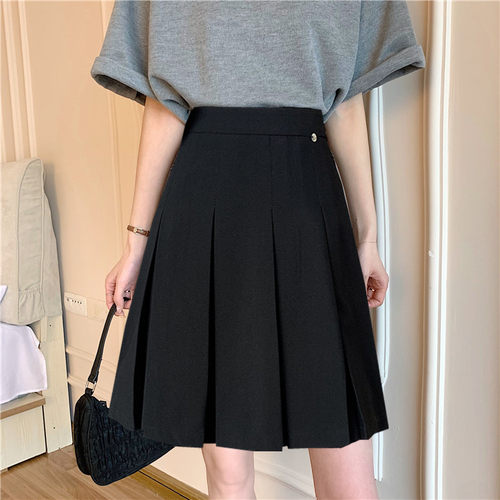 黑色百褶裙中裙女早秋学院半身裙加长微胖mm甜美百搭遮肚显瘦灰色