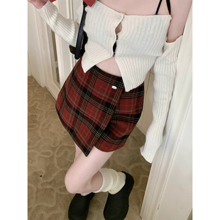 裙 复古a字短裙子毛呢裤 大码 红色格纹半身裙女秋冬胖mm不规则美式