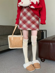 复古红格子毛呢半身裙女秋冬胖m高腰遮肚显瘦包臀a字甜美大码短裙