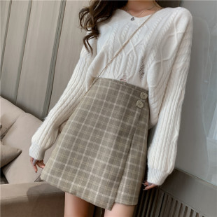 秋冬女士半身裙短裙胖mm大码 高腰包臀a字毛呢格子显瘦裙子不规则