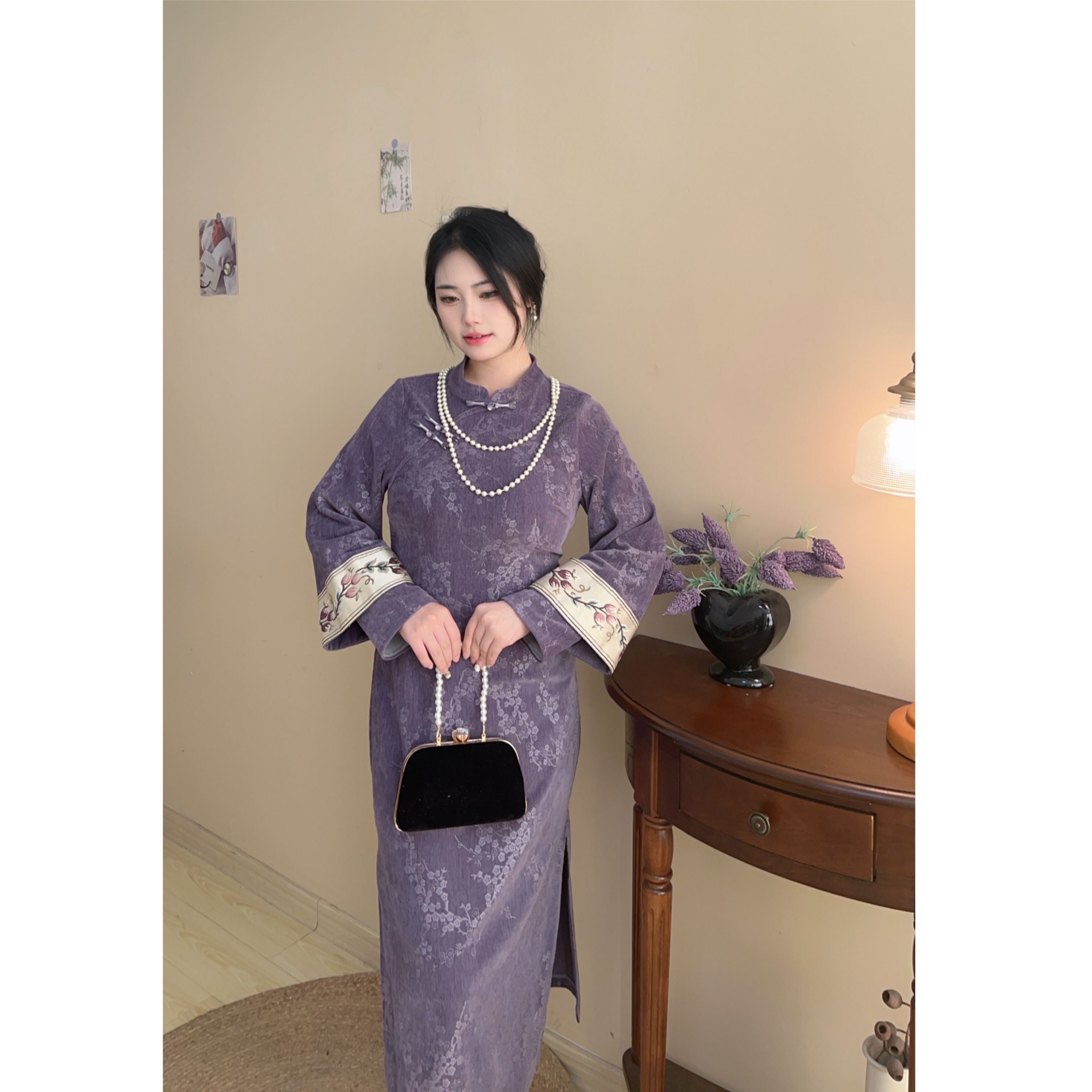 遇见自制紫色显白新中式旗袍冬