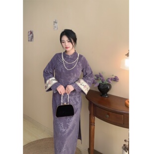 胖mm紫色柔软舒适显白刺绣改良旗袍女 遇见大码 淡雅佳人 自制款