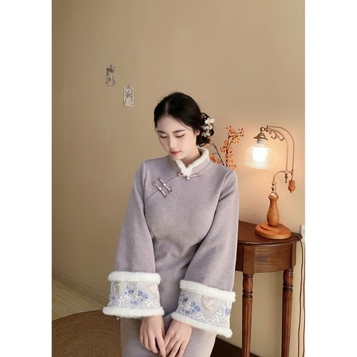 遇见大码新中式加绒紫色日常旗袍