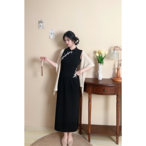 竹【自制款】重工刺绣高级感竹叶大码胖mm黑色无袖旗袍连衣裙国风